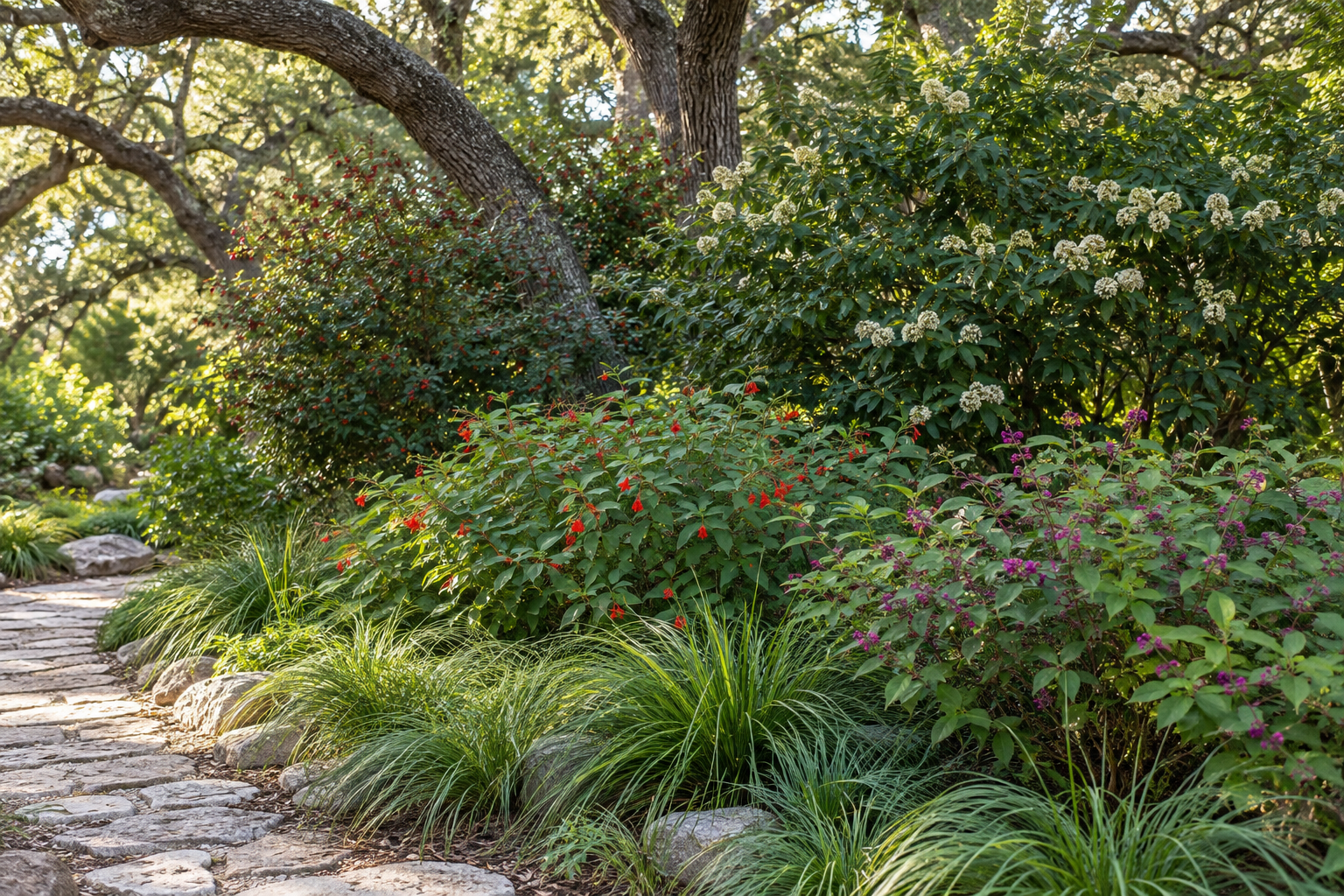 Layered native shrub border beneath mature trees in Central Texas