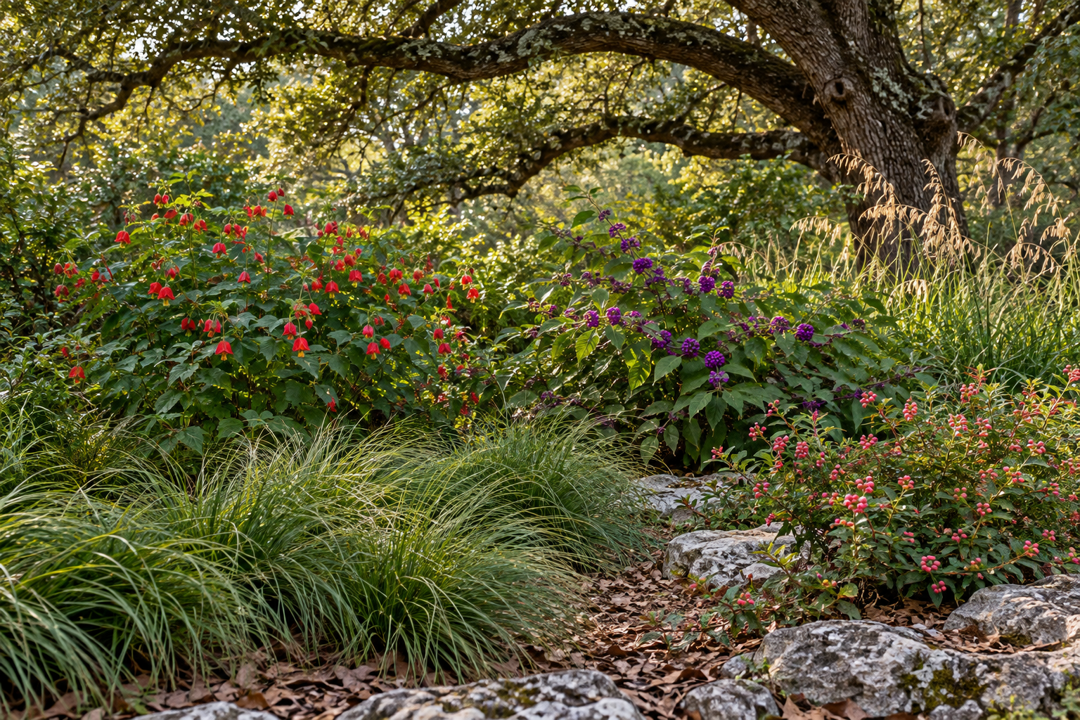 Texas sedge, Turk’s cap, beautyberry and coralberry beneath a live oak