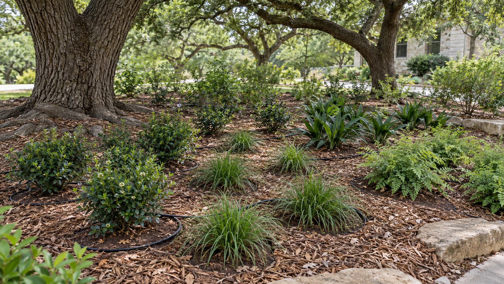 New shade plants grouped by water needs in a mulched Texas garden