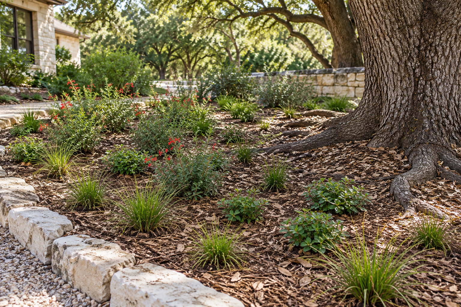 Newly planted drought-tolerant shade bed beneath a live oak tree