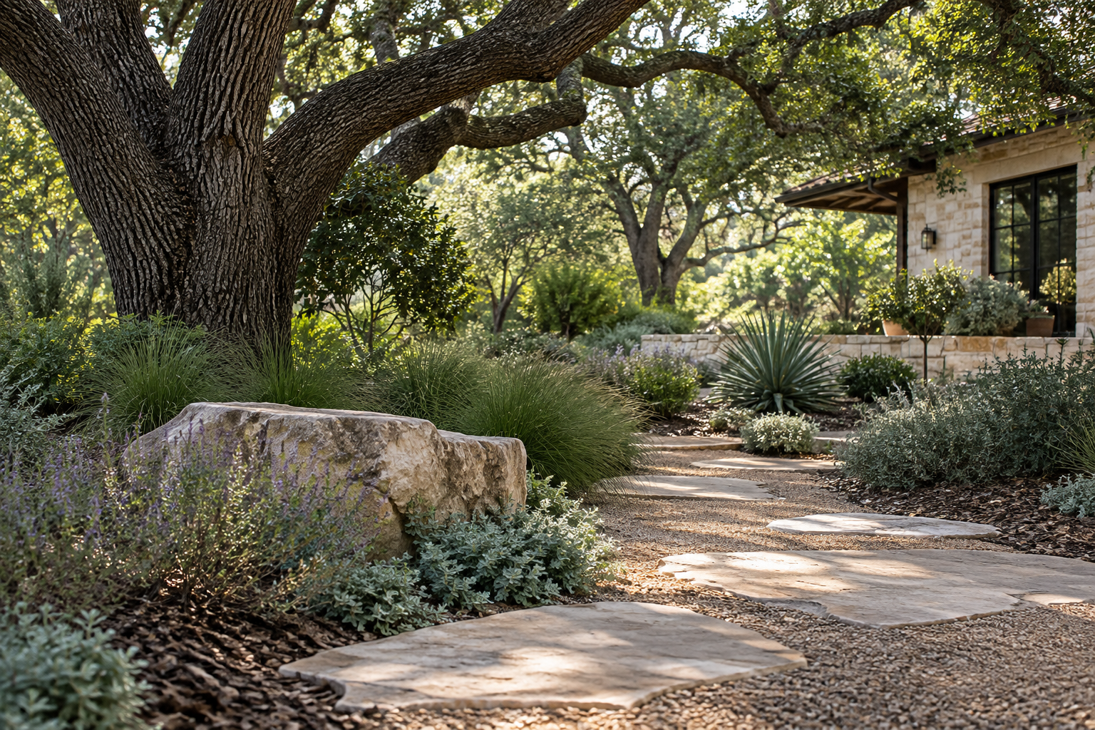 Low-water shade garden with native plants and a limestone path in Texas
