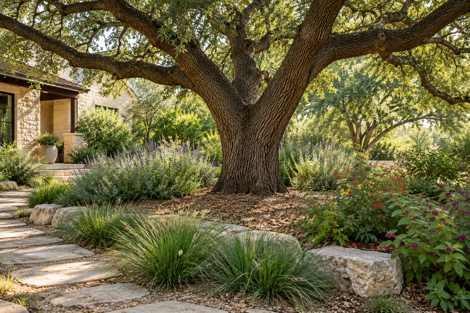Mature Texas live oak with a low-water planted understory