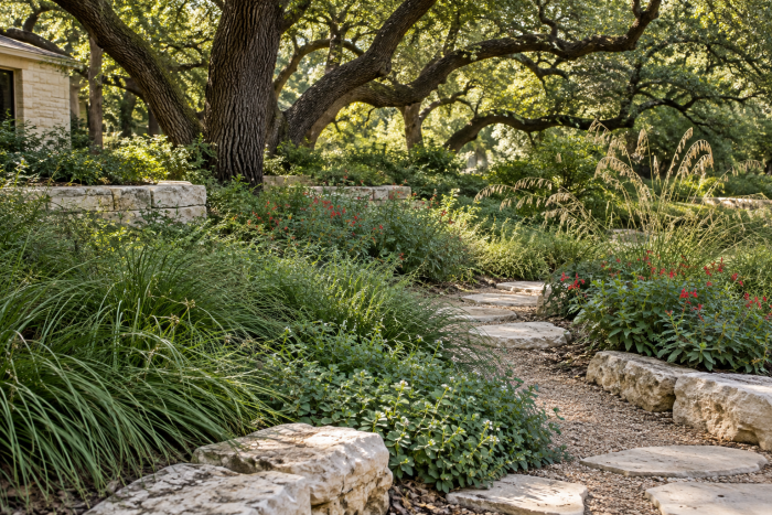Drought-tolerant ground covers in a shaded Central Texas garden