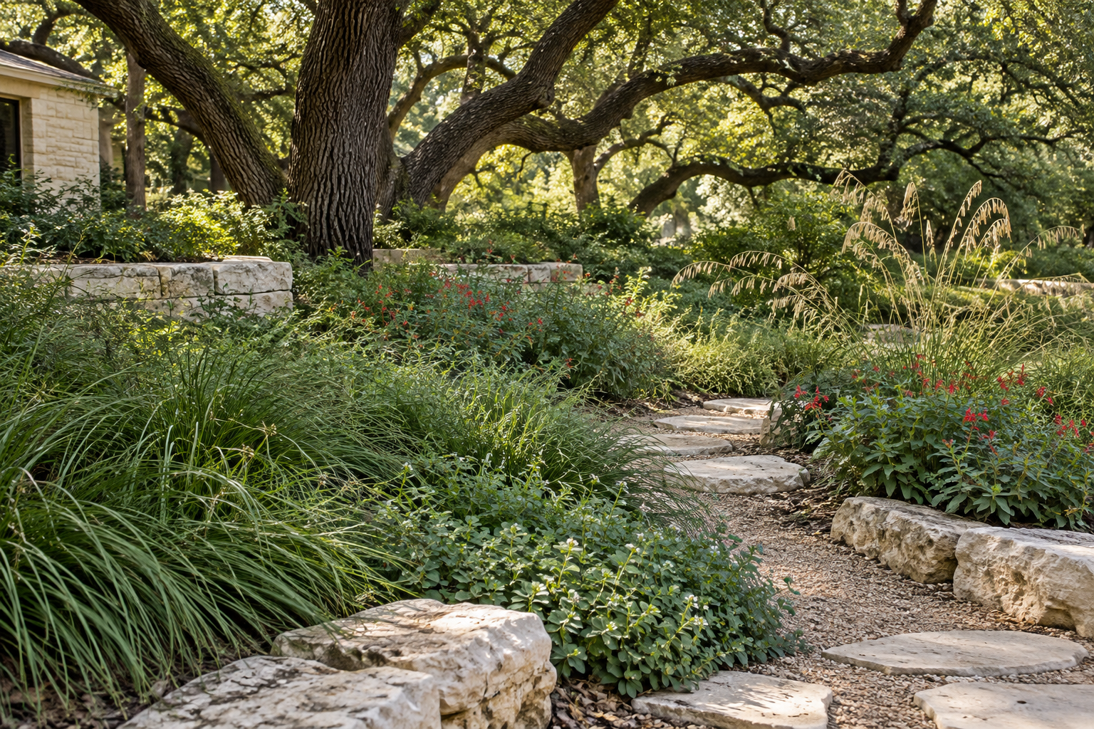 Drought-tolerant ground covers in a shaded Central Texas garden