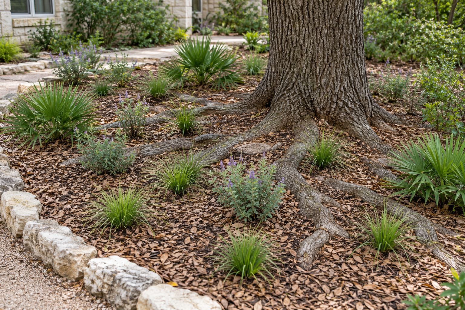 New shade plants installed carefully between mature live oak roots