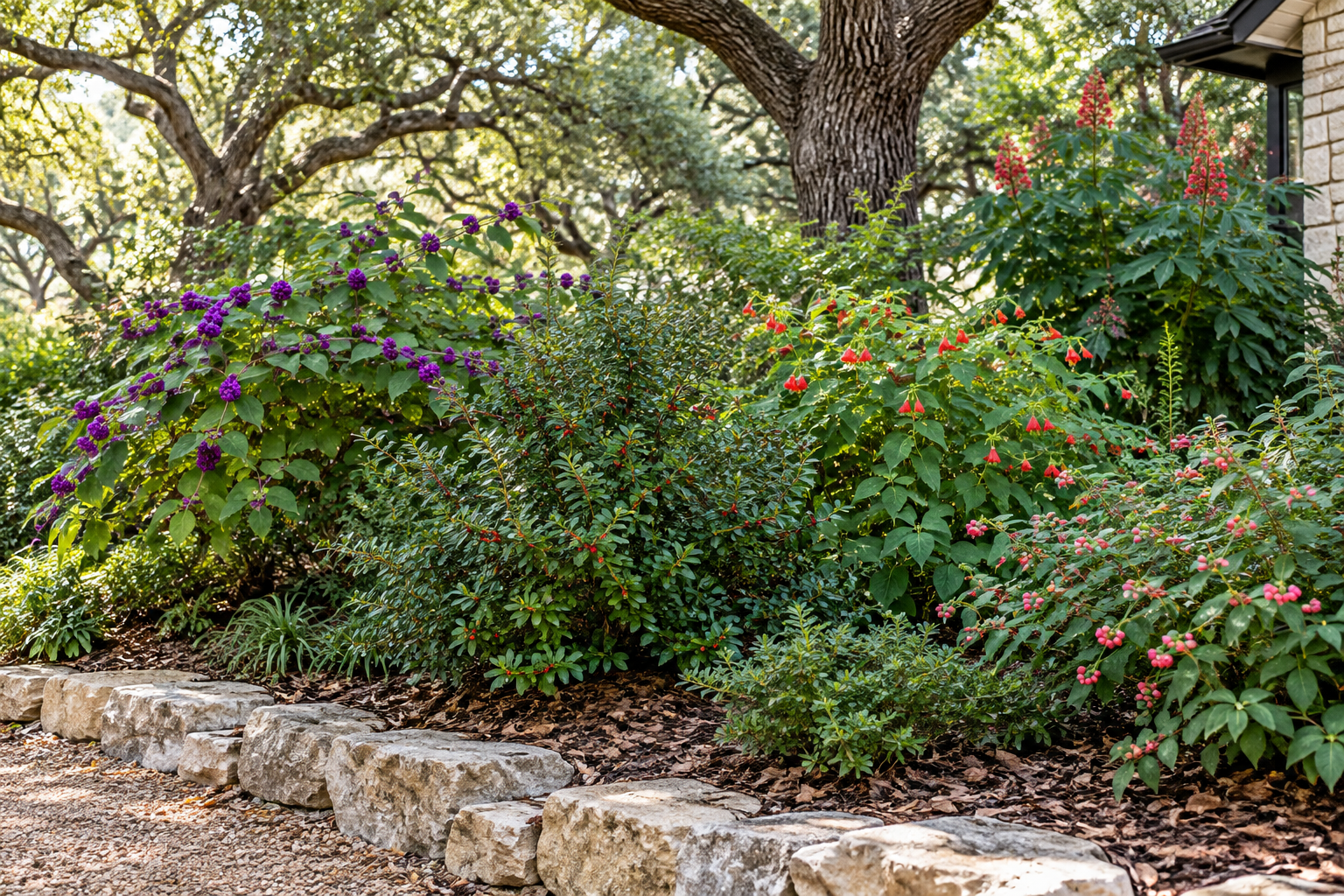 Native shrub border in a shaded Central Texas garden