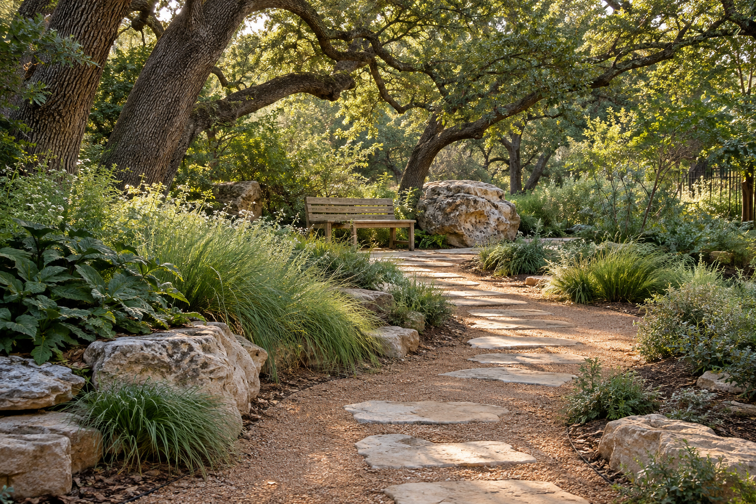Low-water garden path and focal boulder beneath mature Texas trees
