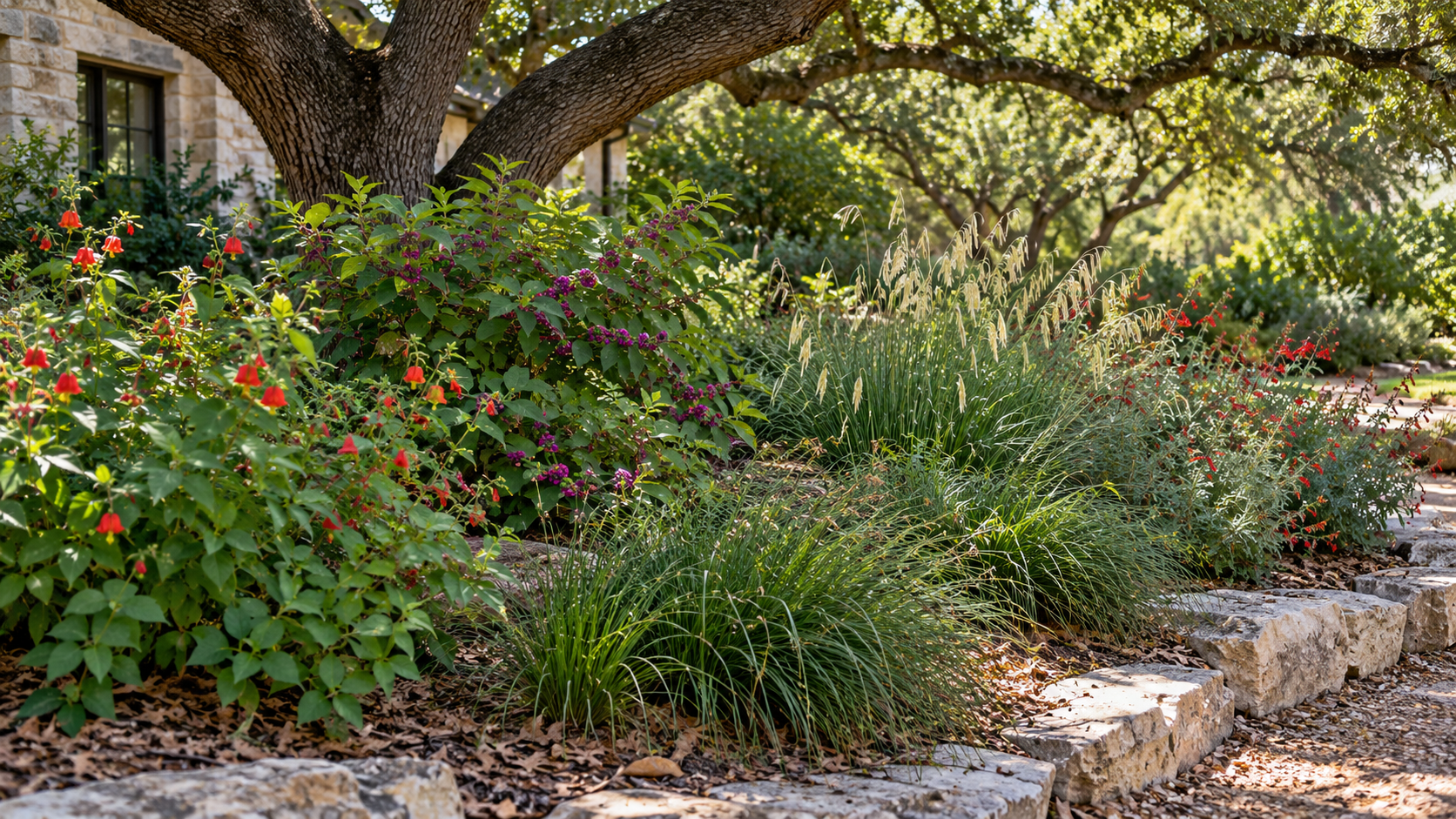 Established Central Texas shade garden with drought-tolerant native plants