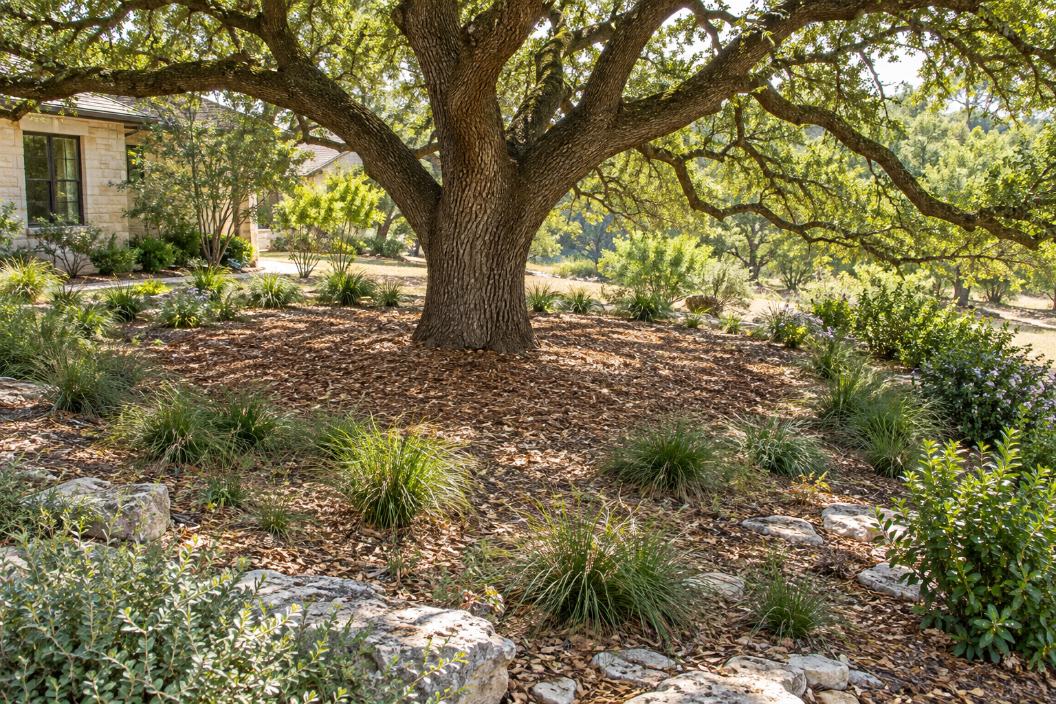 Mulch and shade plants arranged in zones beneath a live oak