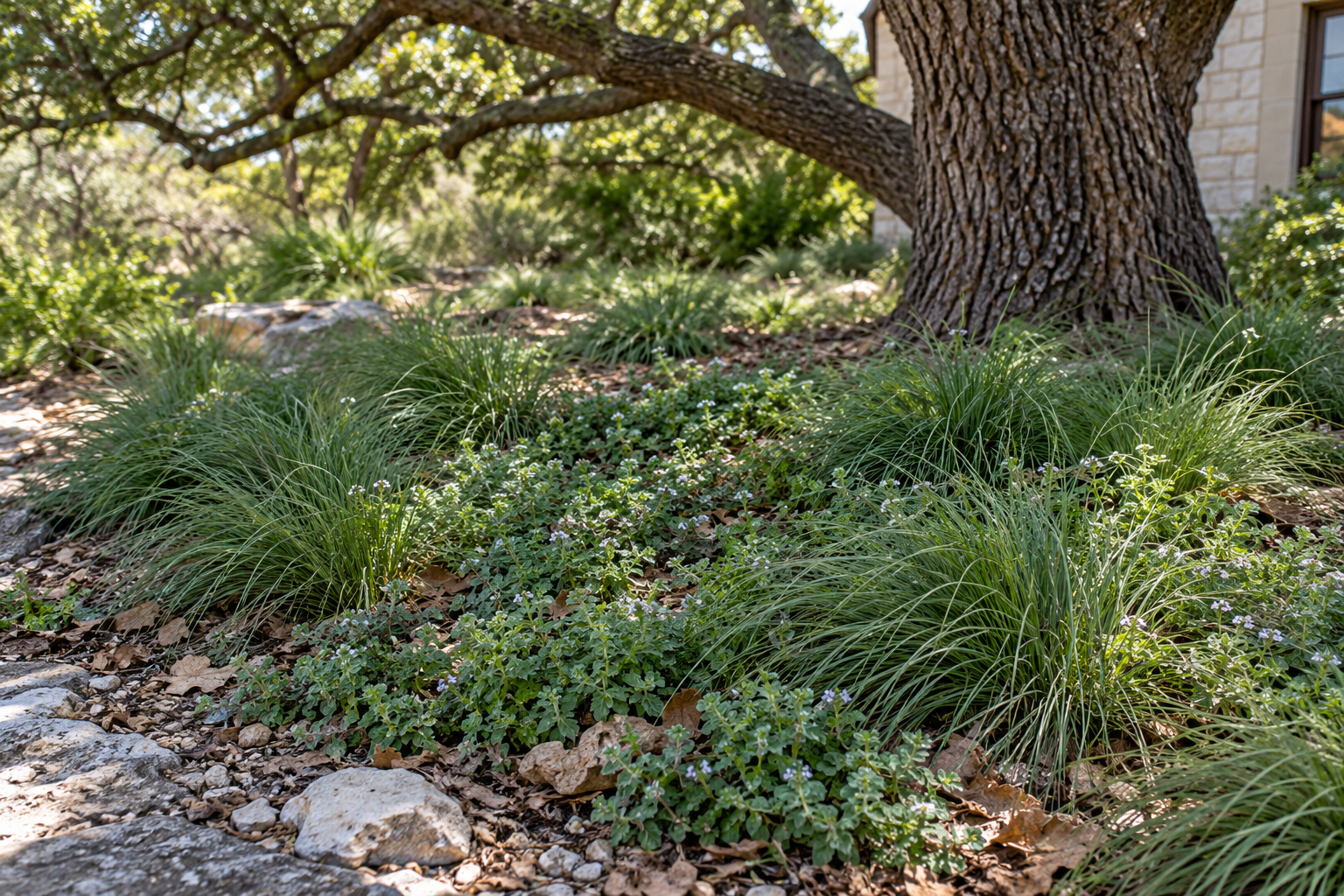 Texas sedge and horseherb growing beneath a live oak in Central Texas